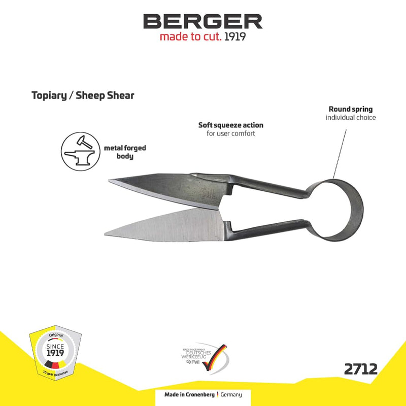 BERGER Commercial Grade Topiary Shear, Sheep Shear, 6.1" Self-Sharpening Scissor Blades, Round Spring, 2712 33x7x3.5 cm