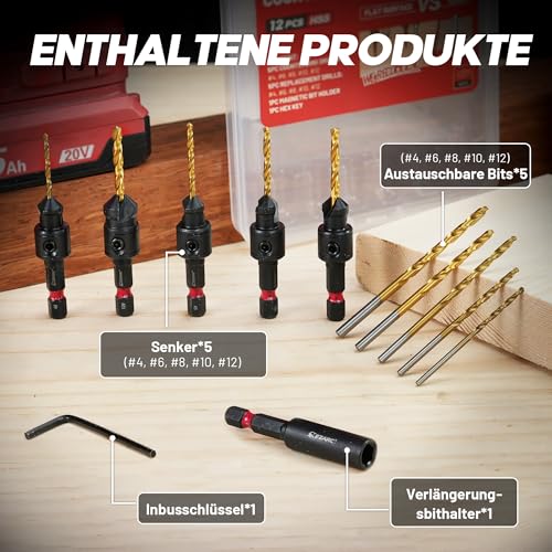 EZARC Countersunk Drill Wood Set, 12 Pieces Drill Bit with Countersink for Woodworking | #4, #6, #8, #10, #12, titanium coated HSS, double edge design, 1/4" hex, magnet extension holder, storage box