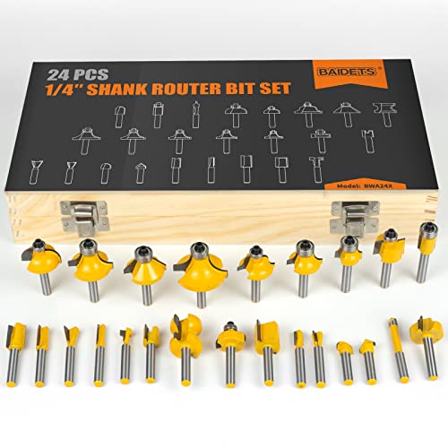 Router Bits Set 1/4 Inch Shank - BAIDETS Upgrade 24 Piece Router Bit Set Craftsman, 1/4" Tungsten Carbide Router Bits for Woodworking 24 Pcs, 1/4" Shank