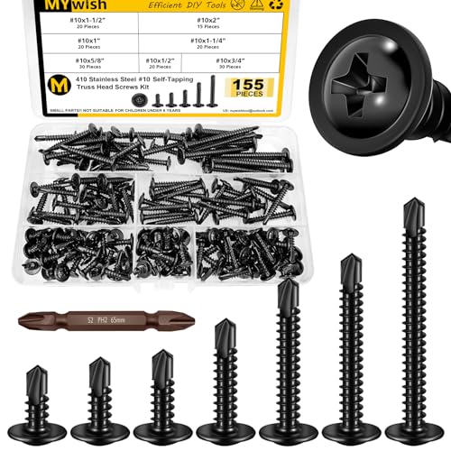Mywish 430PCS Self Tapping Screws Assortment Kit & 155Pcs Black Self Tapping Screws for Metal, Truss Head 410 Stainless Steel Self Drilling Screws, Sheet Metal Screws Assortment Kit