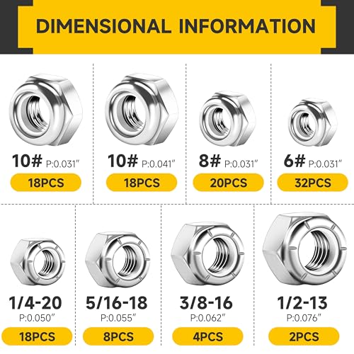 Mywish 200Pcs #10-32 Rivet Nuts & 120Pcs SAE Nylon Insert Lock Nuts Assortment Kit, 6#32 8#32 10#24 10#32 5/16-18 3/8-16 1/2-13 1/4-20 Hex Locknuts Sets, Yellow-Zinc Carbon Steel Flat Head Knurled Bod
