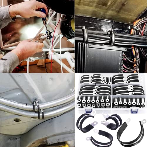 56PCS Large Stainless Steel Rubber Coated Cushioned Insulated Cable Clamps Assortment Kit - Automotive & Pipe Clamps in 7 Sizes - 3/4" to 2"