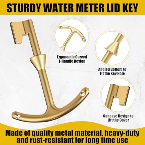 Water Meter Key 12 Inch Enforced Steel Wrench T-handle with 4-way Multi-functional Universal Cross Key Brass Water Meter Box Tool for Curb Main, Underground Stop, Waste Valves (Yellow, Gold) Yellow, Gold