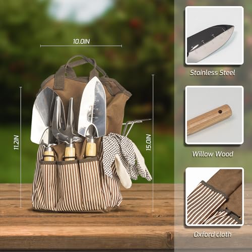 13-Piece Garden Tools Set with Tote Bag & Apron, Repotting Mat - Stainless Steel Heavy Duty Planting Kit, Ergonomic Non-Slip Handles - Gardening Gift for Women, Mom, Home Gardeners WHA-13PCS
