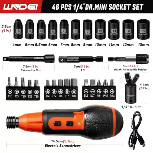 LLNDEI 4V Cordless Electric Screwdriver Set 31Pcs with Bits & 1/4" Sockets