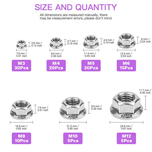 Swpeet 250Pcs 304 Stainless Steel Metric Lock Nut Assortment Kit+105Pcs 304 Stainless Steel Serrated Metric Flange Nuts Hex Lock Nuts Assortment Kit