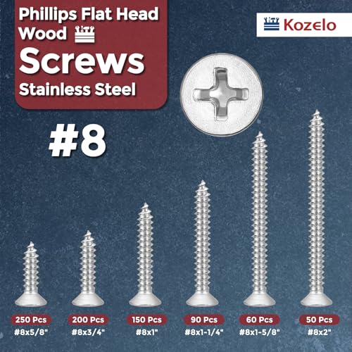 800Pcs Phillips Wood Screws Assortment Kit #8x5/8-2" 304 SS Silver #8x5/8" to 2" 800