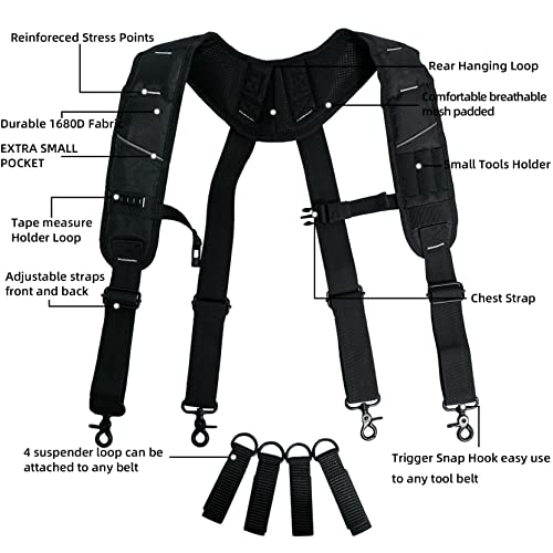 KUNN Tool Belt Suspenders Padded Carpenter Construction Electrician Work Suspender with Attachment Loops for Men + Radio Chest Harness with Reflective Straps, Micro Chest Rig Harness Chest Pack