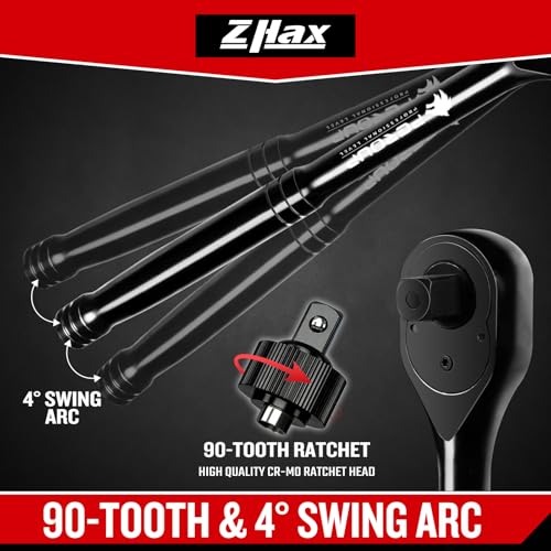 zhax 10-Piece Ratchet Set, 1/4”, 3/8”, 1/2” Drive 90-Tooth Ratchets & Accessories, Quick Release Reversible Ratchet Wrenches with Extension Bars & Socket Adapters for Repairing Home DIY
