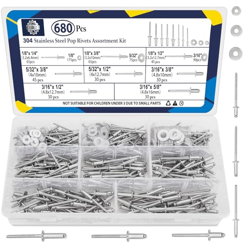 ZQZ 680Pcs Stainless Steel Pop Rivets Assortment Kit & 70 Pcs 1/4 Aluminum Pop Rivets Assortment Kit (4 Sizes)
