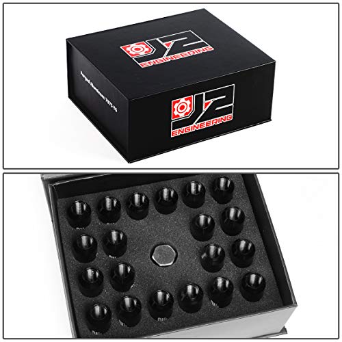 J2 Engineering 16Pcs 7075 Aluminum Open End M12 x 1.25 Lug Nuts w/4Pcs Lock Nuts & Key, Black, Fit Conical Seat, LN-T7-010-125-BK