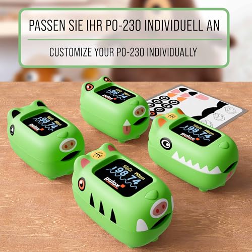 Pulox PO-230 Children's Pulse Oximeter Green for Measuring SpO2 and Pulse | Measures oxygen saturation and heart rate in just a few seconds, includes stickers for individual gluing and designing