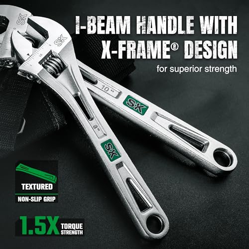 SK 3-Piece Adjustable Wrench Set, 6", 8", 10", SAE & Metric Scales 6-Inch, 8-Inch, 10-Inch