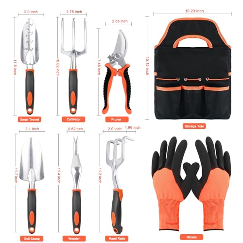Garden Tools Set, 8 Piece Gardening Tools Set with Non Slip Ergonomic Handle + Garden Tools 10 Pack Floral Pattern Garden Tool Set with Tote Bag