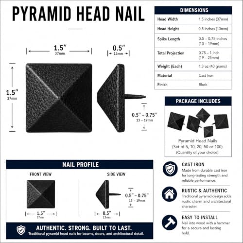 (10) 1.5" Pyramid Head Clavos Black Iron – Authentic Door Gate Furniture Rustic Door Stud Antique Nail-Hand Forged