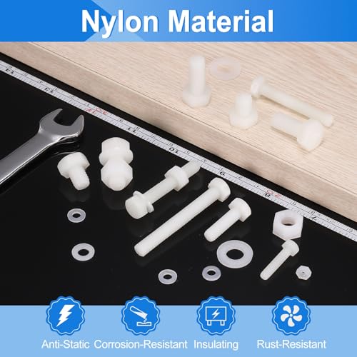 uxcell 300 Pcs/100 Sets Nylon Hex Bolts, M4 x 15mm Plastic Full Threaded Hex Head Screws Bolts and Nuts with Flat Washers for Machinery Electronics Industrial Accessories, White