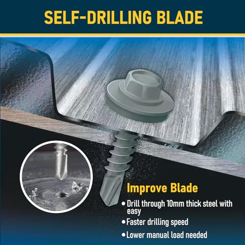 300Pcs #10 x 1-1/2 Inch Galvanized Metal Roofing Screws, Hex Head Drill Point Sheet Metal Roof Screw with Rubber Washer, EPDM Washer, with Hex Drive Bit. 300