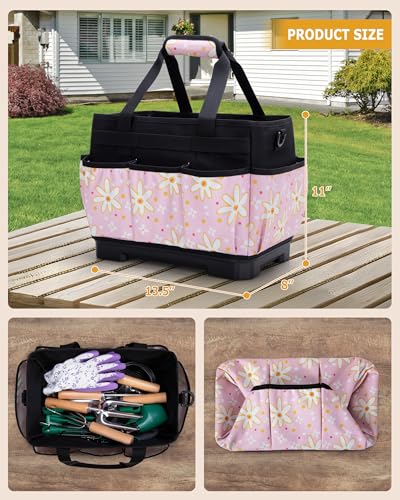 Marscamd Garden Tool Bag with Hard Bottom, Garden Tote with Shoulder Strap Pink Sunflower