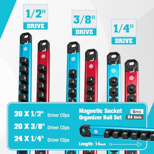DURATECH 6PCS 1/4", 3/8", 1/2" Magnetic Socket Organizer Set with 64 Clips