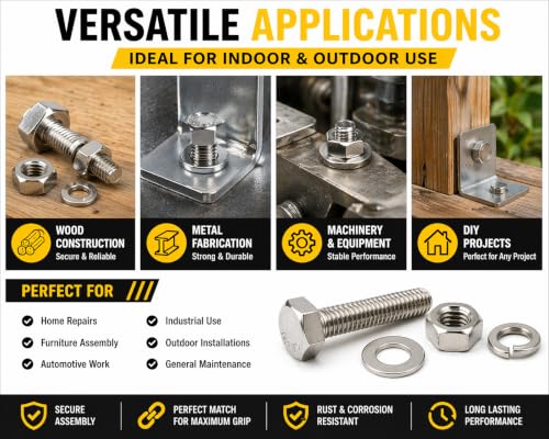304 Stainless Steel Hex Bolt Kit 1/4"-20 UNC, Fully Threaded Machine Bolts with Nuts, Flat & Spring Washers (Set of 10, 1/4" x 3/4") 1/4" x 3/4" Set of 10