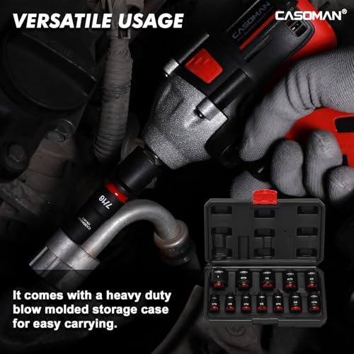 CASOMAN 12-Pieces 3/8" Drive Mid-Length Impact Socket Set, 12-Point, SAE, 5/16-Inch to 1-Inch, CR-MO Steel, with Storage Case 0.31 - 1 in