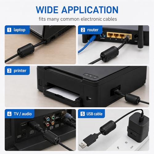 Pack of 20 Ferrite Cores for Cables, Ferrite Core, Folding Ferrite, RF Emi Noise Reduction Cable Clip, with 5 mm/7 mm/9 mm/13 mm Inner Diameter, for USB Cable, Audio and Video Cable, Power Cord (Black