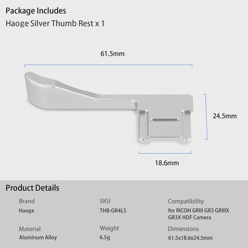 Haoge Metal Thumb Grip Up Rest Hand Grip for RICOH GR IV GR4 GRIII GR3 GRIIIX GR3X HDF Camera Accessories Silver Hot Shoe Thumb Up THB-GR4LS