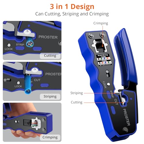 Proster RJ45 Crimper Kit - Pass-Thru for Cat6/Cat5e w/ 50 Connectors Blue