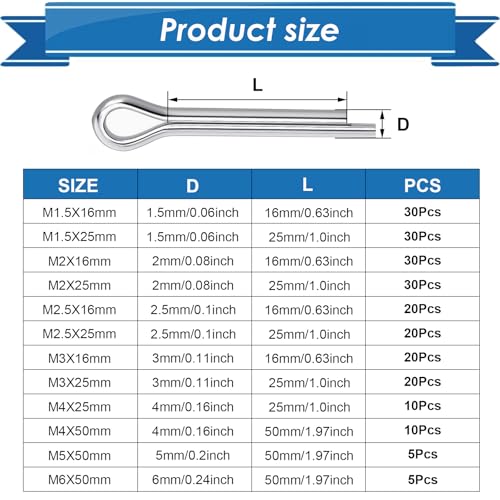 230Pcs Cotter Pin Assortment Kit - 304 Stainless Steel 12 Sizes Cotter Pin Set for Hitch Pin Lock Systems
