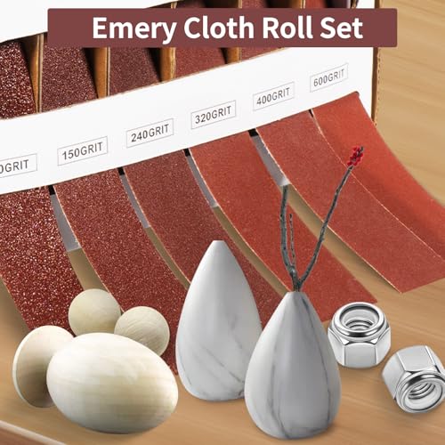 CAPHONT 6 Pcs Emery Cloth Roll 80-600 Grit 1'' x 26' with 30 Sanding Stick