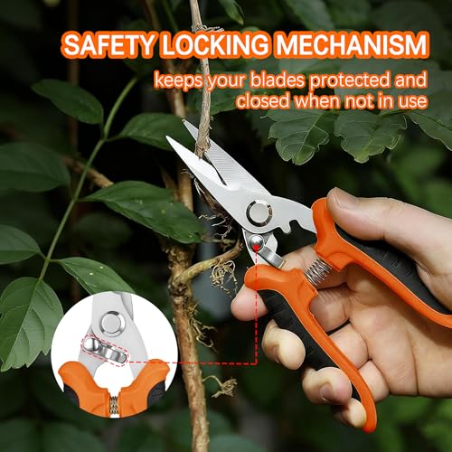 3PCS Garden Pruning Shears Set - Heavy Duty Bypass Pruners, Sharp Stainless Steel Gardening Scissors with Ergonomic Handle, Secateurs for Plants, Flowers, Fruit Trees, Bush Trimming (Orange) Orange