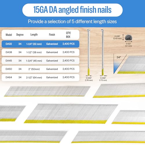meite 15 Gauge 34 Degree Finish Nails Set 1-1/4' Inch & 1-3/4 Inch Galvanized Angled Finishing Nails for Finish Nailer Gun - Cabinet Crown Baseboard Door Trim