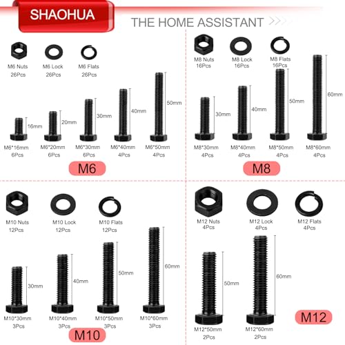 M6 M8 M10 M12 Metric Bolts and Nuts Assortment Kit 16MM to 60MM Grade 8 Hex Head Nuts Bolts Washers Assortment 15 Metric Sizes Nuts and Bolts Assortment Kit with Storage Case, 232PCS, Black Black- 232PCS M6 M8 M10 M12