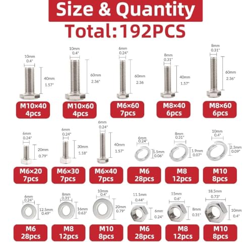 192pcs Heavy-Duty Hex Bolt/Nut Kit - M6/M8/M10 304SS w/Washers for Construction/Machinery 192Pcs Bolt/Nut Kit