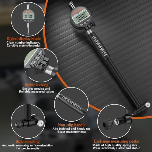 Digital Dial Bore Gauge Set, High Precision Measures 2-6 inch/0.0005" Includes Self-Centering Dial Bore Gauge with Carbide Anvils for Deep Engine Cylinder Measurement 12 Anvils, 1 Measuring Rod