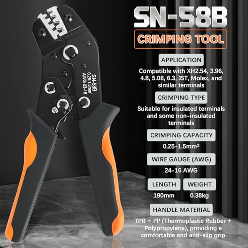 SN-58B Dupont Crimper, 1600PCS 2.54mm Dupont Connector Kit with Ratcheting Wire Crimping Tool, 23-16 AWG, 1/2/3/4/5/6/8/10 Pin Housings, Male Female Pins, Headers & Ribbon Cable