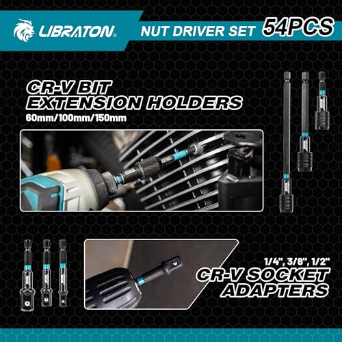 LIBRATON 54PCS Magnetic Nut Driver Set, Impact Drill Driver Bit Set 1/4" Metric & SAE 54PCS
