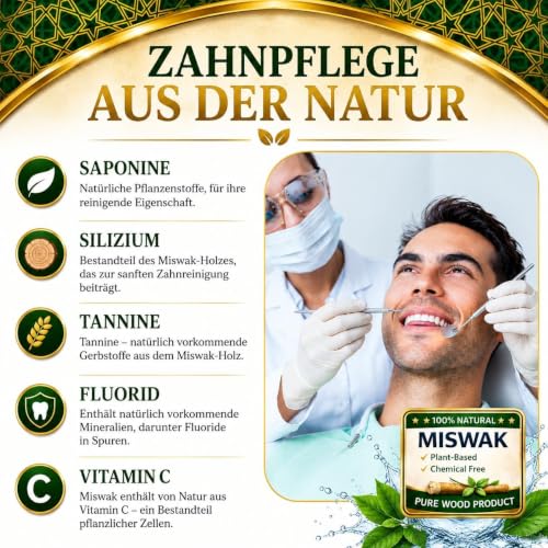 100% Miswak Toothbrush (Pack of 5) - Natural Miswaks without Fluoride - Miswakstick Siwak for White Teeth & Oral Care Includes Bag