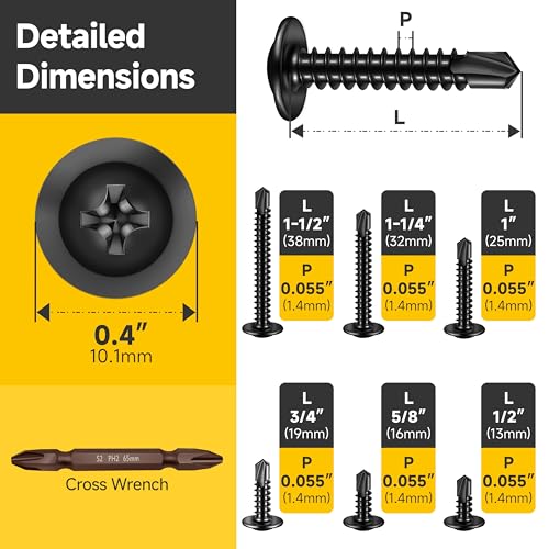 Mywish 185 Pieces #8 Self Tapping Screws Assortment Kit for Metal, Length 1/2"-1-1/2", 410 Stainless Steel Truss Head Self-Drilling Screws Black Oxided Quick Tapping Screw (Pack of 4) 185Pcs Kit (Pack of 4)