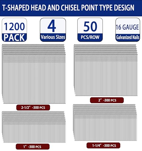HW HAMWOO 16 Gauge Finish Nails,1",1-1/4",2",2-1/2",1200pcs 4 Sizes（1",1-1/4",2",2-1/2")