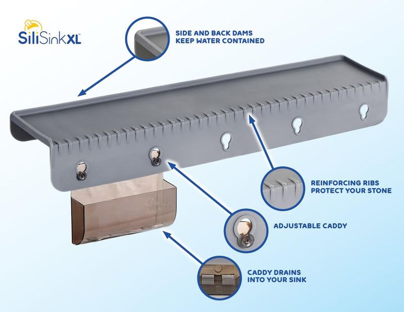 SiliProducts SiliSink XL Silicone Edge Guard for Kitchen Sink - Fits 3.75” - 4” Wide - The Original Silicone Sink Edge Protector with Sponge Caddy - Splash Guard, 20” Gray 4in x 20in
