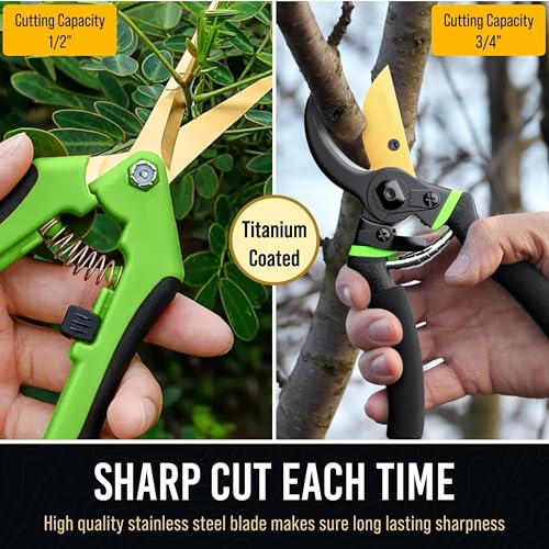 8.5" Professional Bypass Pruning Shears & Gardening Scissors Set - Super Sharp Premium Garden Shears | Pruning Shears For Gardening, Garden Hedge Clippers Handheld Pruners - Garden Scissors Shears + Scissors