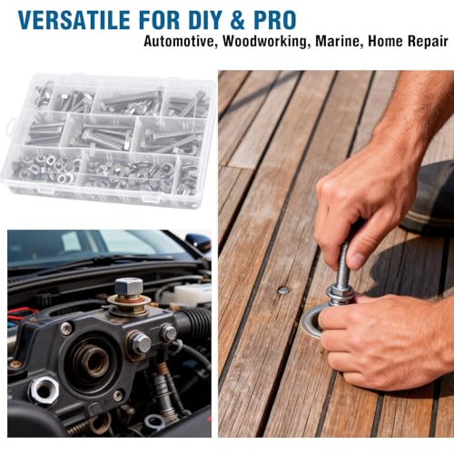 260 Pcs SAE Bolts and Nuts Assortment Kit, 1/4-20, 5/16-18, 3/8-16 Hex Machine Screws with Nuts & Washers, 304 Stainless Steel, Rust-Resistant for Indoor & Outdoor Use with Storage Case