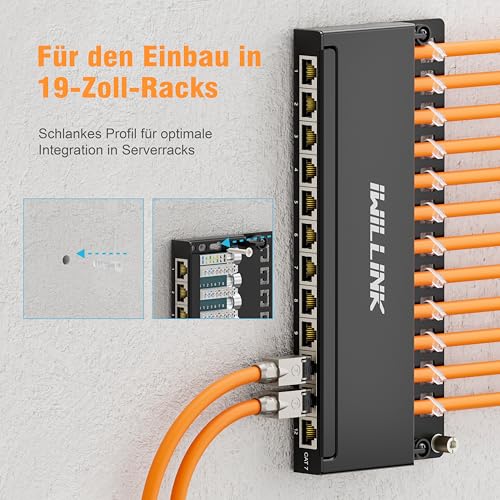 iwillink Cat7 Patch Panel 12 Port - 0.5U - Wall Mounting/Desktop - RJ45 Sockets - LSA Distribution Panel - 10Gbps Gigabit - 600MHz - STP Shielded - Black | Wall mounting/desktop, RJ45 sockets, STP shielded, LSA distribution panel