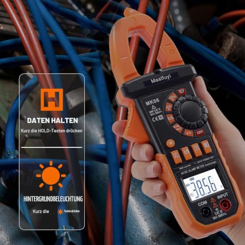 Digital Current Clamp Multimeter with 4000 Counts TRMS Auto Range | Digital electrical tester with automatic, measures NCV, AC/DC voltage, current, capacity, diode, resistance, orange