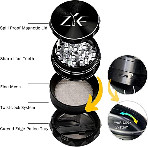 ZYE Herb Grinder – Quality Aluminium w/Ultra Sharp Teeth – Large 2.5" 4 Piece w/Twist & Lock Storage Layer – No Flaking and Non-Stick - Silver