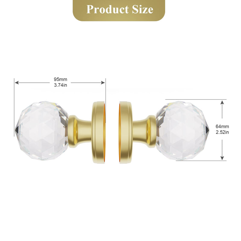 2 Pack Crystal Glass Dummy Door Knobs, Inactive Round Half-Dummy Door Knob Set, Single Side, Polished Brass Dummy 2 Pack