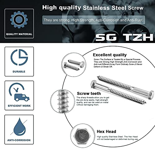 3/8" x 6" Hex Head Lag Screws Bolts 20Pcs 304 Stainless Steel 18-8, Partial Thread, Hexagon Head Wood Screws by SG TZH 20 3/8-16 x 6"