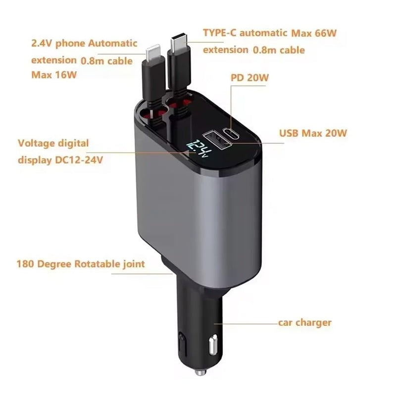 Retractable Car Charger, 4 in 1 Fast Charge Car Phone Charger Adapter 100W, Retractable Cables(2.6ft) for iPhone & Type-C, Cigarette Lighter Adapter for iPhone15/14/13 Pro Max, Galaxy, Pixel