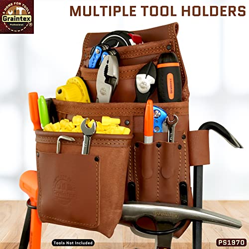 Graintex PS1970 :: 10 Pocket Nail & Tool Pouch Tan Color Industrial Grade Leather; for Constructors, Handyman, Plumbers, Electrician